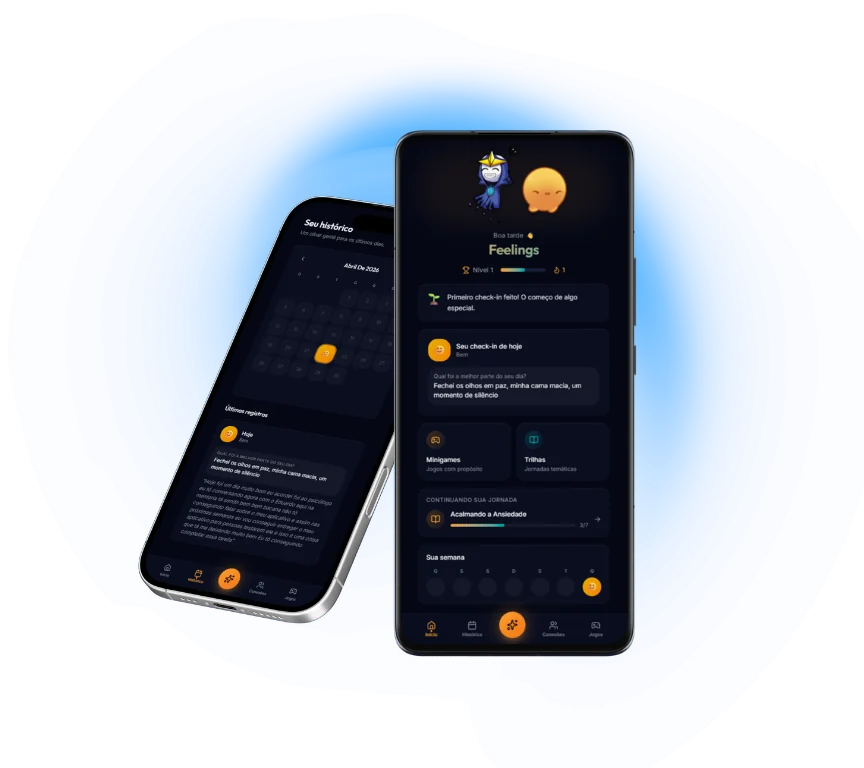 Telas do Feelings Hub mostrando o check-in, as atividades, as trilhas e o histórico emocional