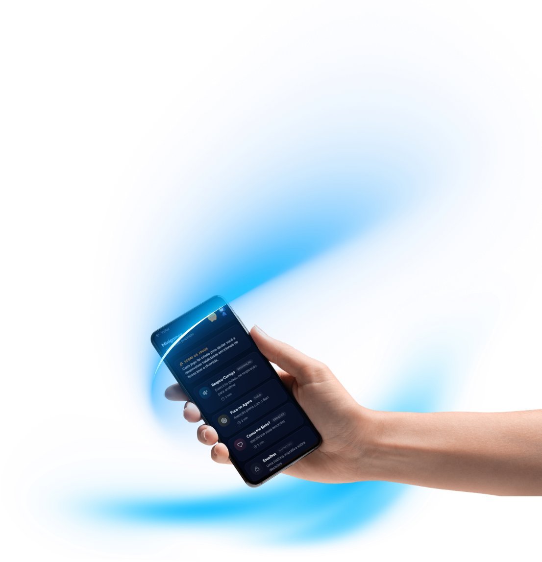 Mão segurando celular com o app
